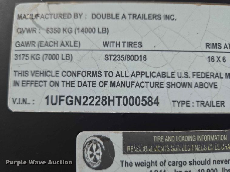 image for item EW0336 2017 Double A Trailers INC. Tiger equipment trailer