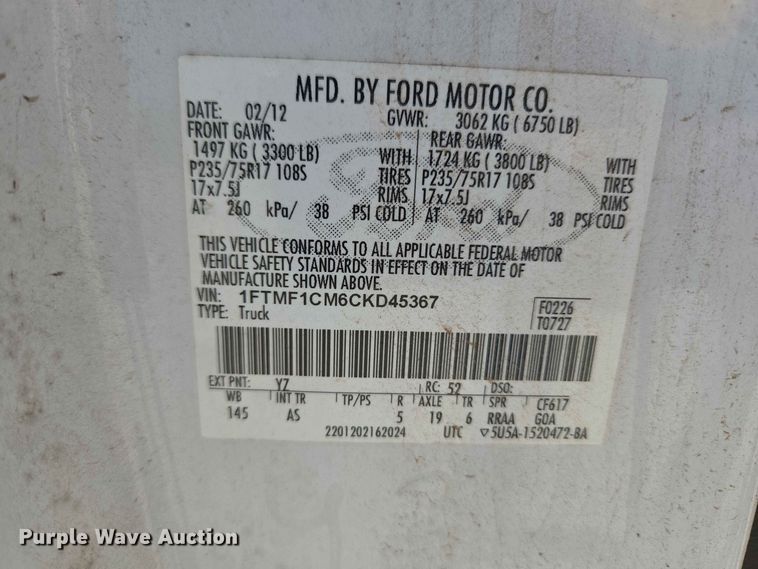 image for item EW0429 2012 Ford F150 XL pickup truck
