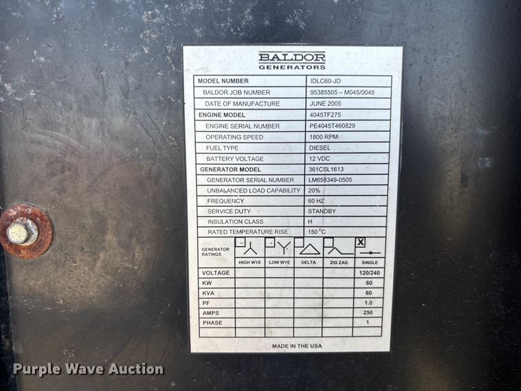 image for item YA3059 2005 Baldor 361CSL1613 generator