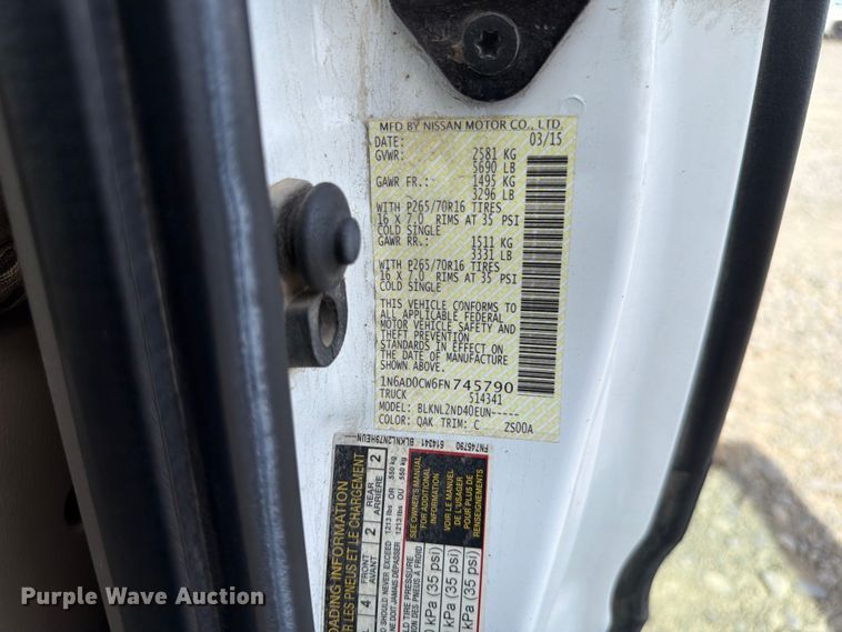 image for item YA3799 2015 Nissan Frontier Ext. Cab pickup truck