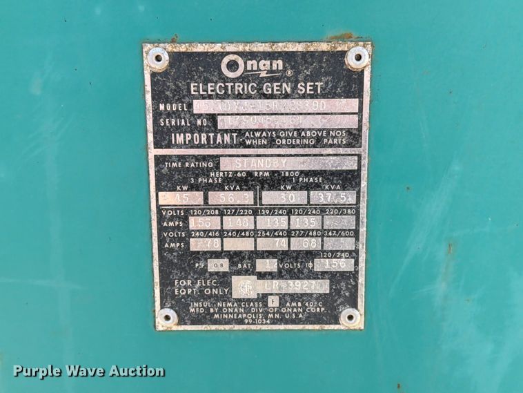 image for item DQ0048 1972 Onan 45 DYJ generator