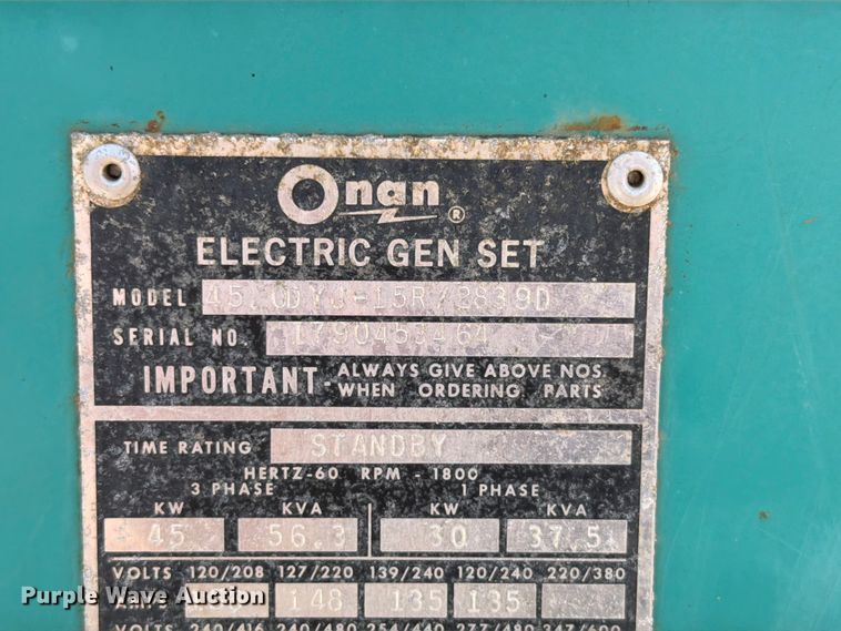 image for item DQ0048 1972 Onan 45 DYJ generator