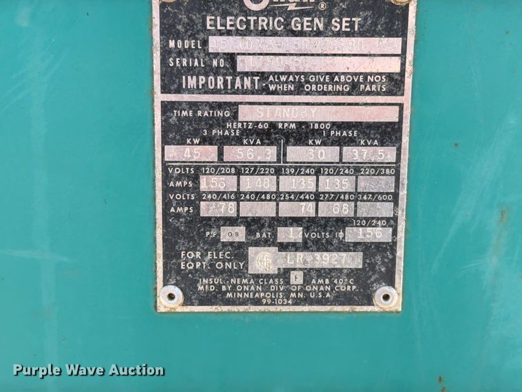 image for item DQ0048 1972 Onan 45 DYJ generator