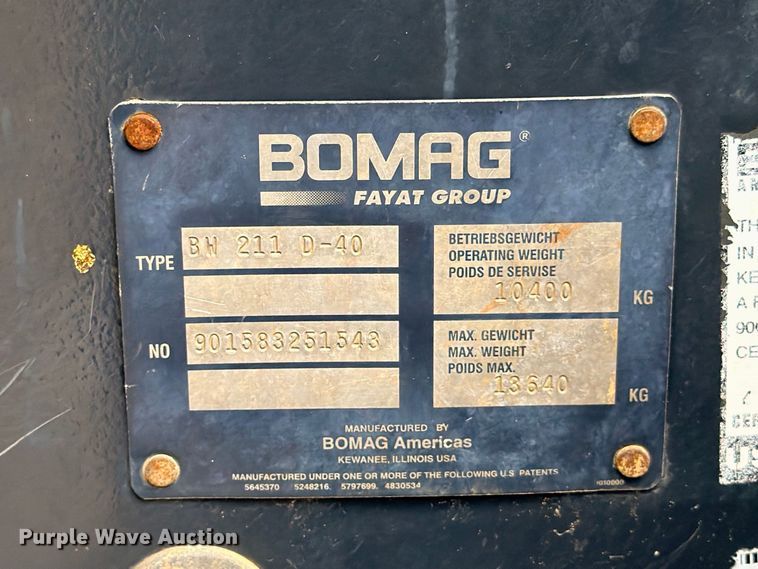 image for item ED5407 2012 Bomag BW211D-40 single drum vibratory roller