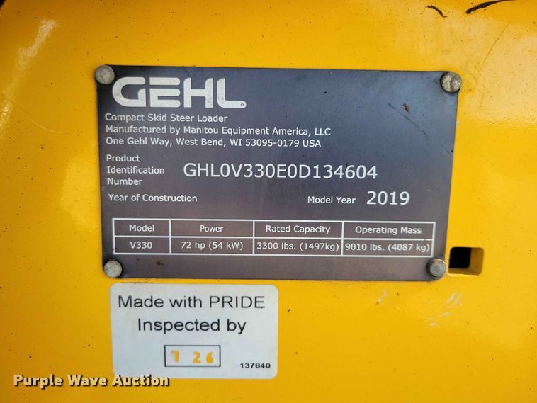 image for item EE1108 2019 Gehl V330 skid steer loader