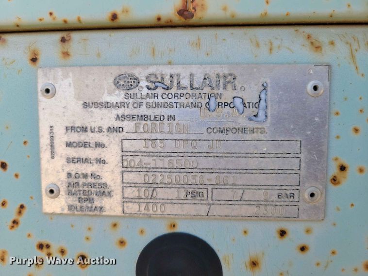 image for item EE1151 Sullair 185 DPQ JD air compressor