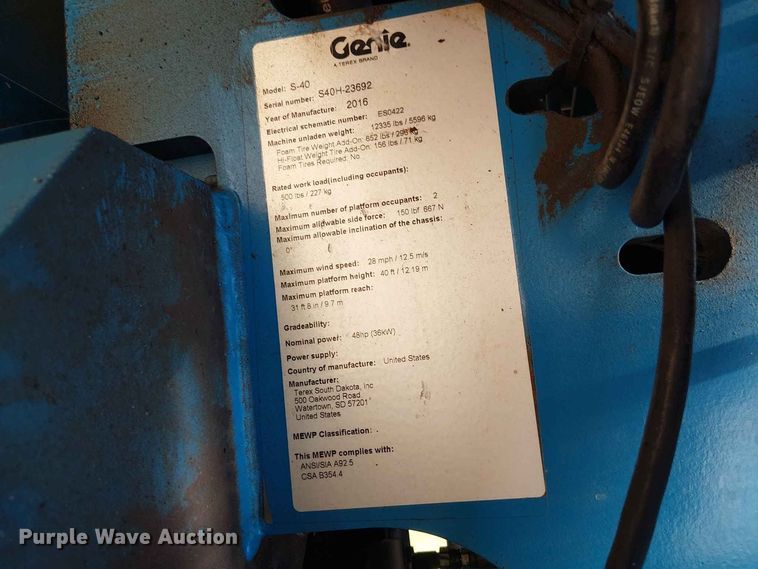 image for item EE1639 2016 Genie S-40 boom lift