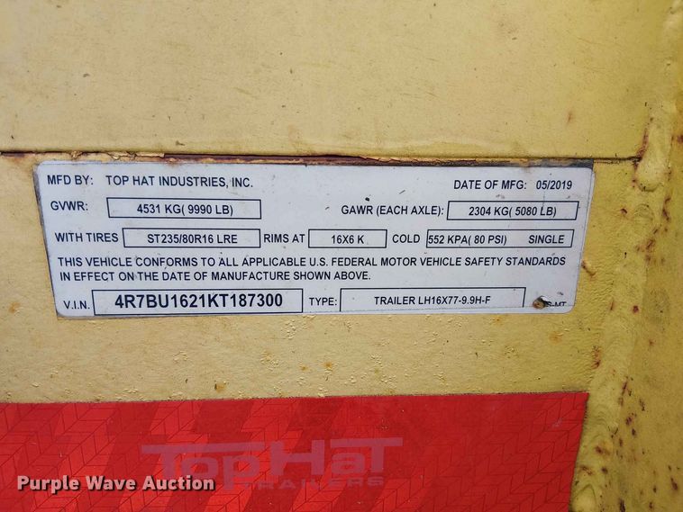 image for item EE1655 2019 Top Hat Utility Trailer 