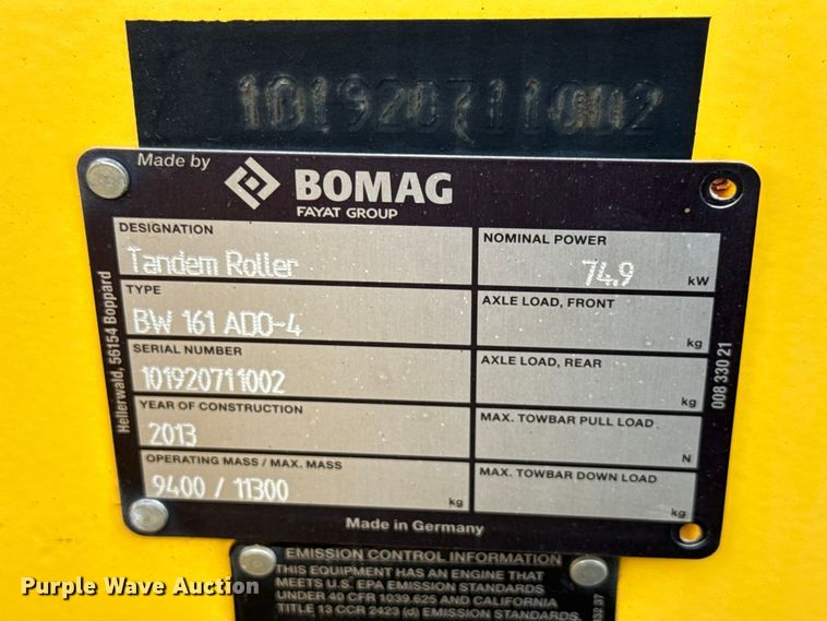 image for item EN3032 2013 Bomag BW 161 ADO-4 double drum vibratory roller
