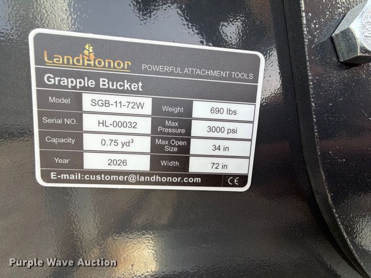 image for item EQ8044 2026 LandHonor SGB-11-72W skid steer grapple bucket
