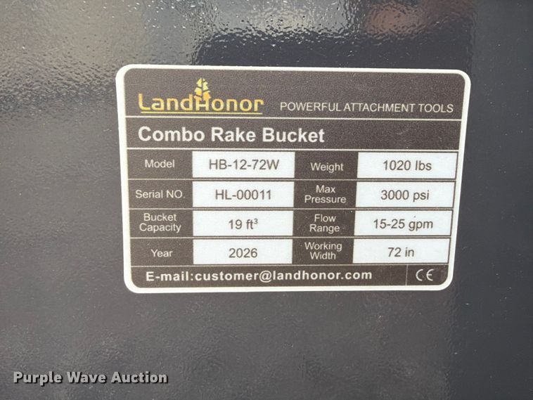 image for item EQ8048 2026 LandHonor HB-12-72W skid steer rake bucket
