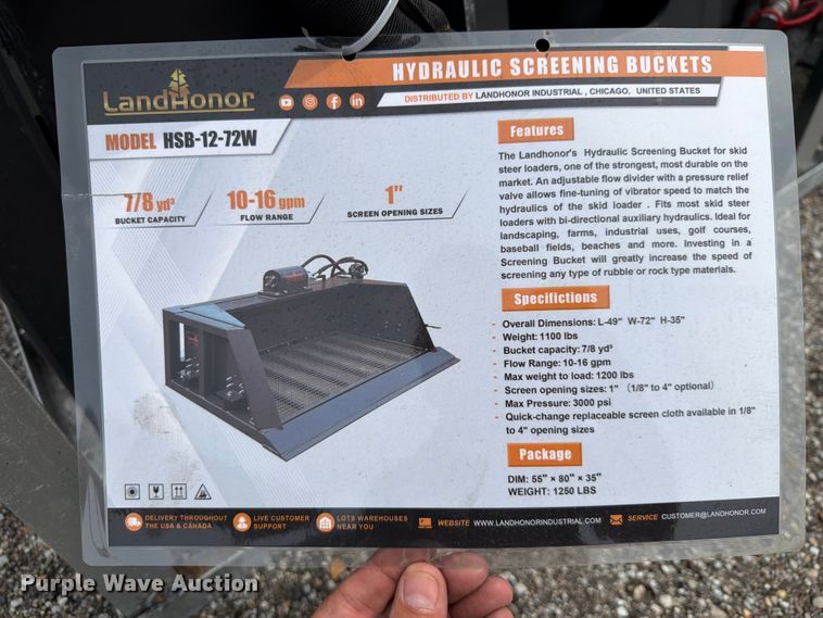 image for item EQ8064 2025 LandHonor HSB-12-72W skid steer screening bucket