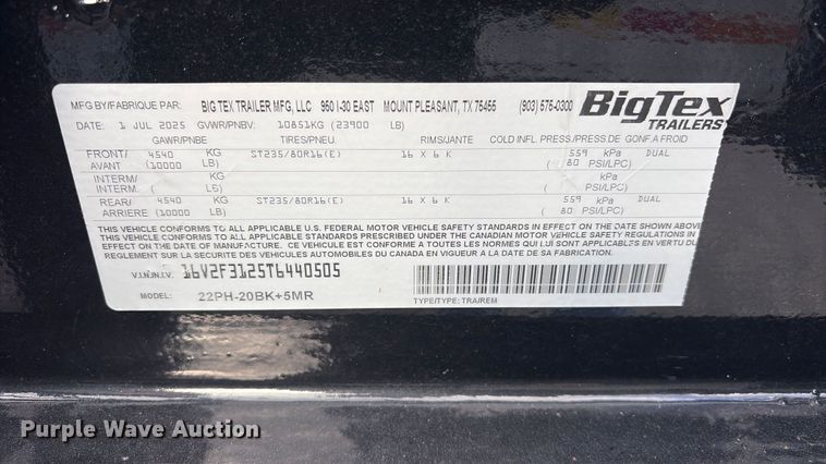 image for item ET2222 2026 Big Tex 22PH-20BK+5MR equipment trailer