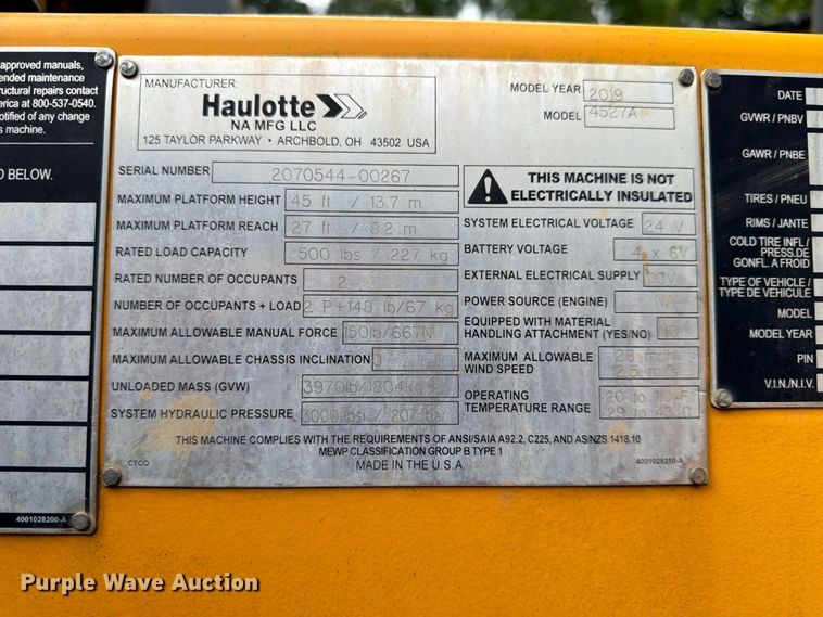 image for item EX3013 2019 Biljax 4527a boom lift