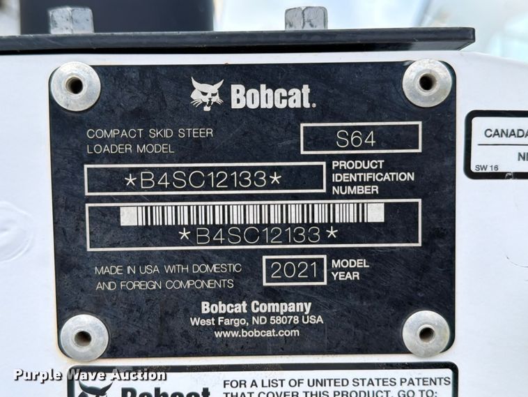 image for item FB8237 2021 Bobcat S64 skid steer loader