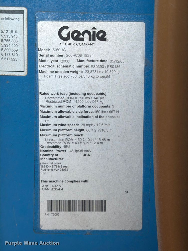 image for item FB8263 2008 Genie S-60HC boom lift
