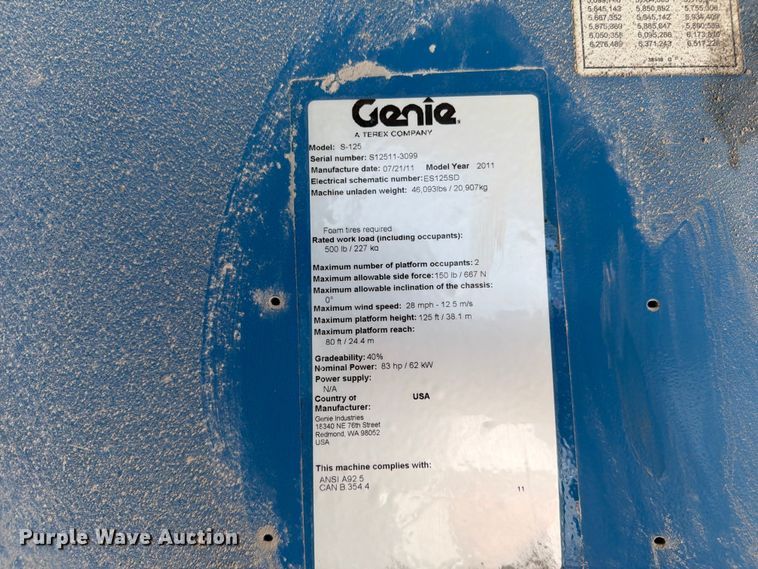 image for item FC3240 2011 Genie S-125 boom lift