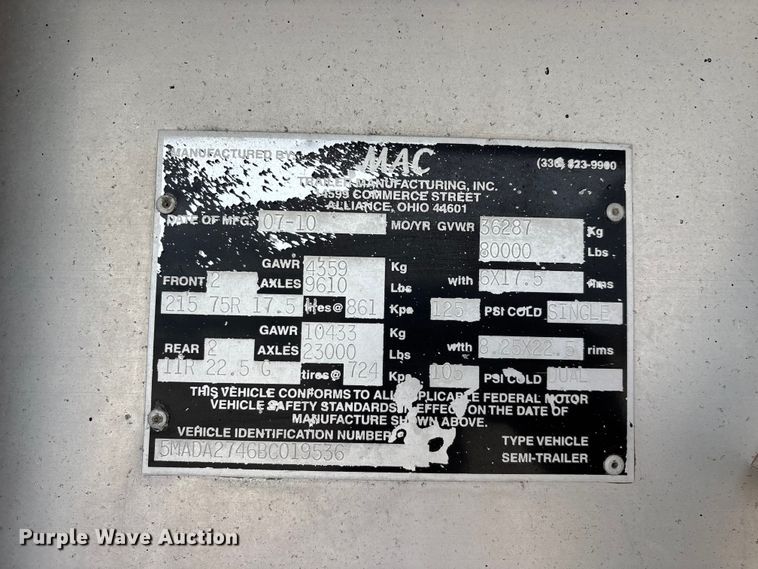 image for item FG0492 2011 MAC Trailer Manufacturing end dump trailer