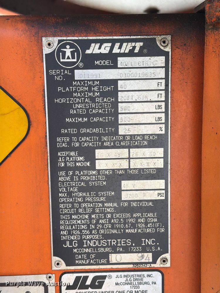 image for item FI0272 1994 JLG 40 Electric boom lift