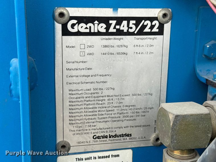 image for item NJ9138 1997 Genie Z-45/22 boom lift