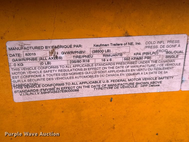 image for item NJ9167 2014 Kaufman HPP Deluxe equipment trailer