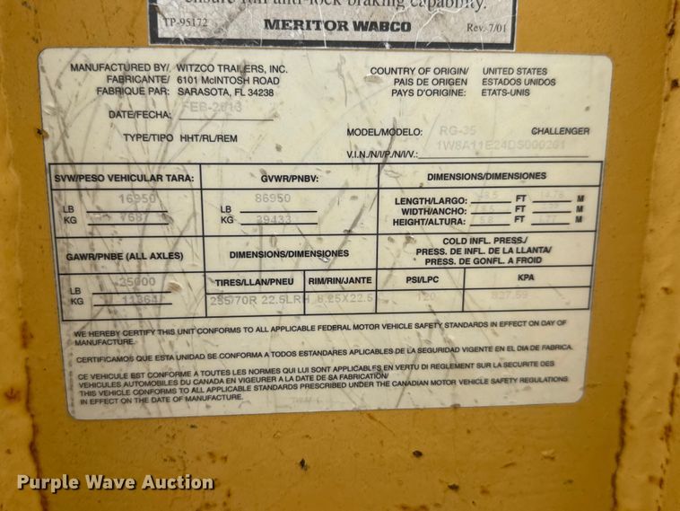 image for item NJ9198 2013 Witzco Challenger RG-35 lowboy equipment trailer