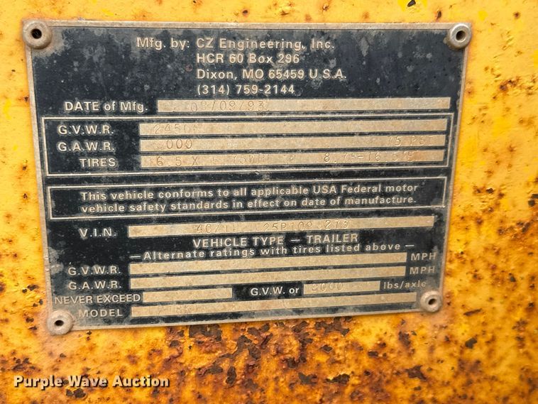 image for item NJ9200 1993 CZ Engineering, Inc. CZ18KT equipment trailer