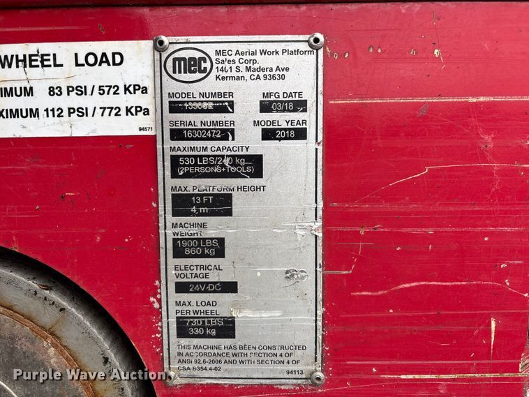 image for item YA3466 2018 MEC 1330SE scissor lift