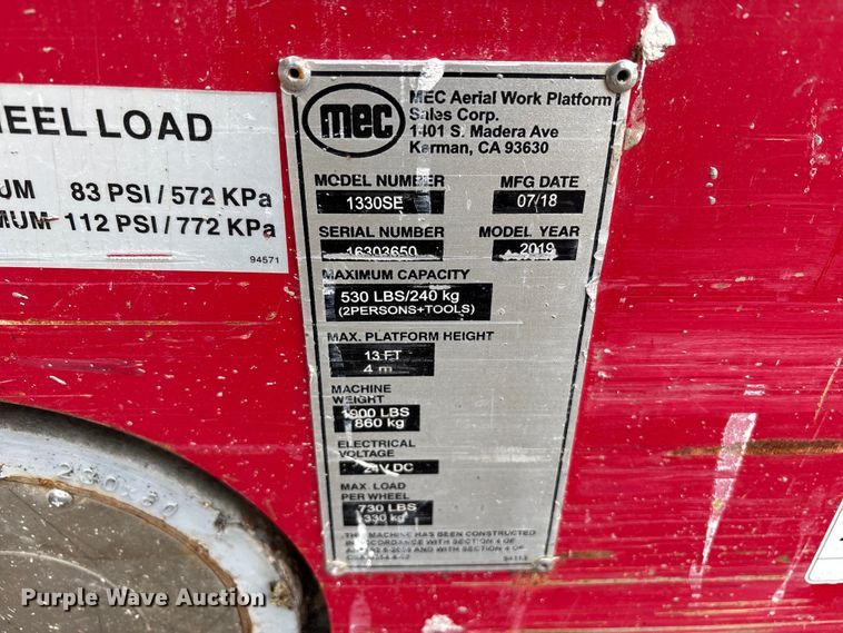 image for item YA3473 2019 MEC 1330SE scissor lift