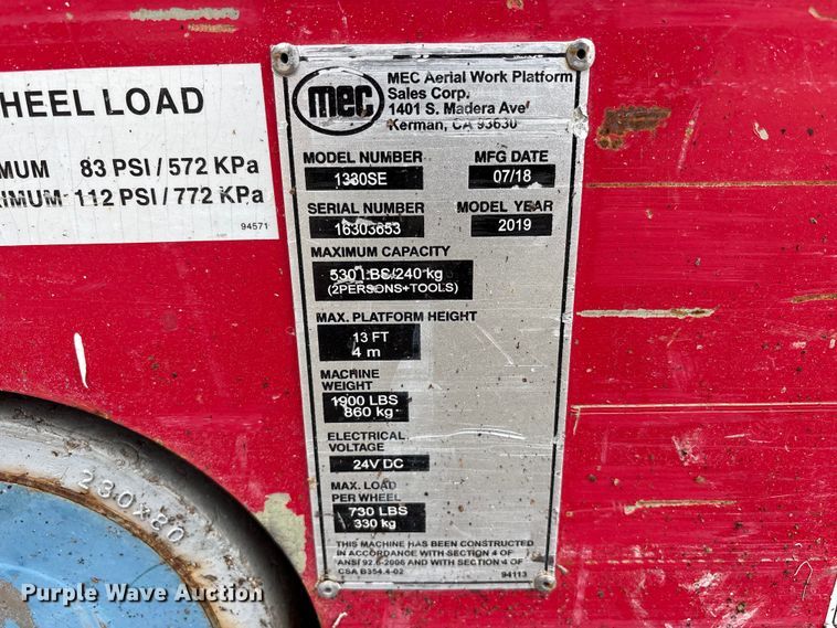 image for item YA3476 2019 MEC 1330SE scissor lift