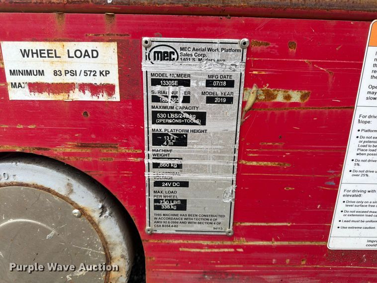 image for item YA3477 2019 MEC 1330SE scissor lift