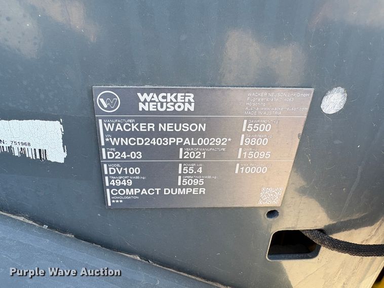 image for item YA3738 2021 Wacker Neuson DV100 site dumper