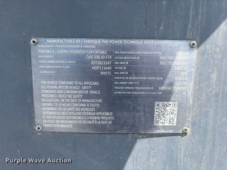 image for item YA3763 2021 Atlas Copco QAS 330JD generator