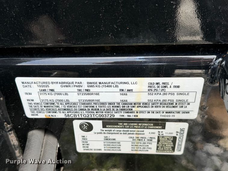 image for item YA3845 2026 Bwise Manufacturing THD22-15 equipment trailer