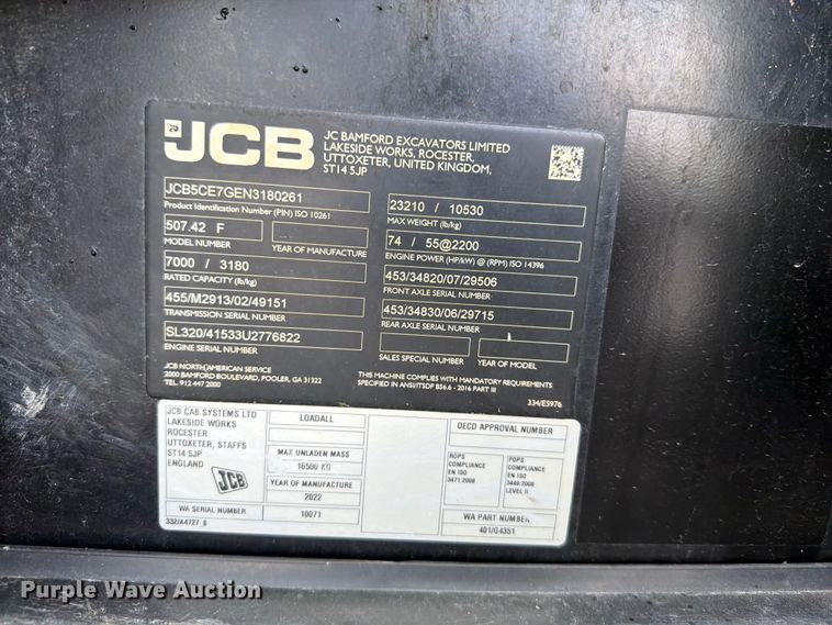 image for item YA4099 2022 JCB 507.42F telehandler