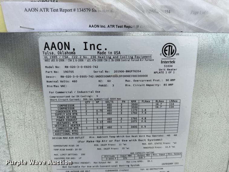 image for item EA4861 AAON RN-020-3-0-E60S-742 AC unit