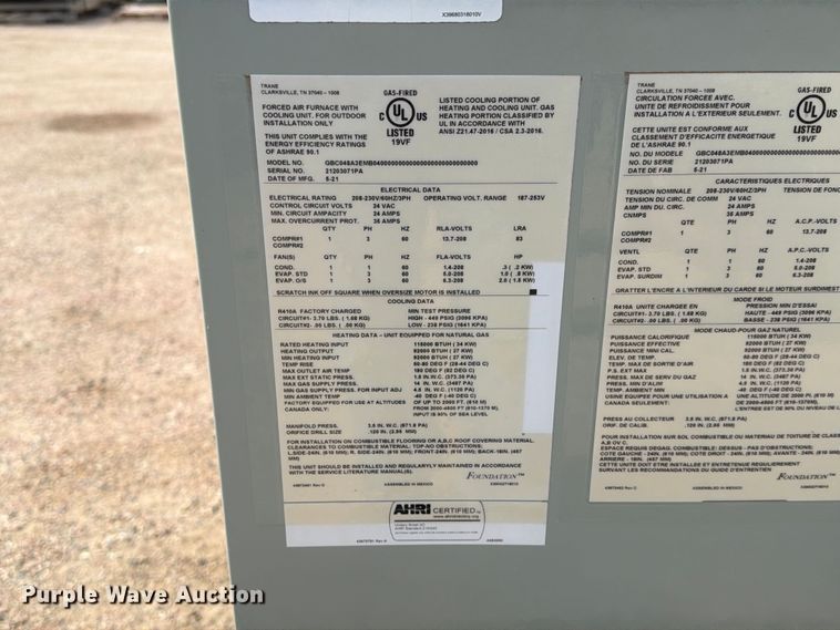 image for item ER1864 2021 Trane GBC048A3EMB04000000000000000000000000000 forced air furnace