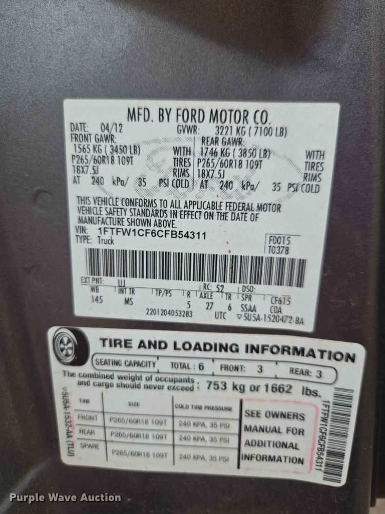 image for item EW0418 2012 Ford F150 Crew Cab pickup truck