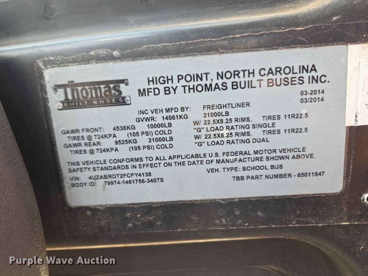 image for item EW0453 2015 Freightliner B2 school bus