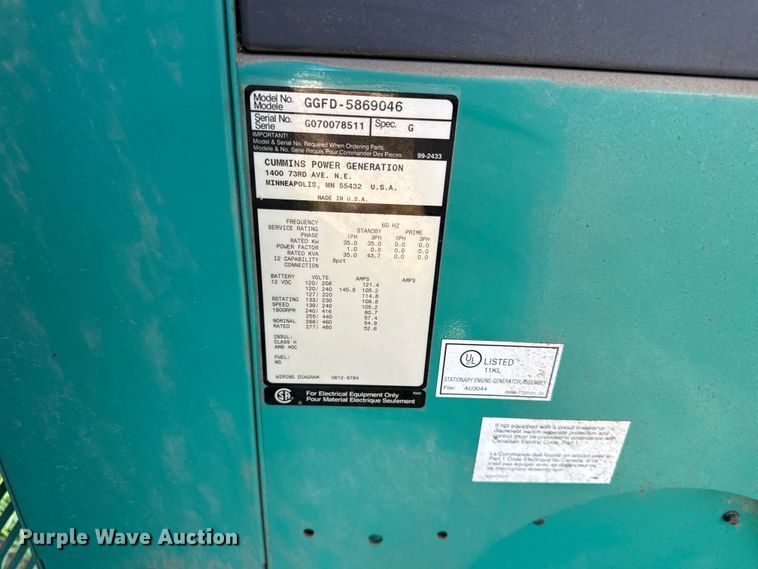 image for item EX2027 Cummins GGGD-5869046 generator