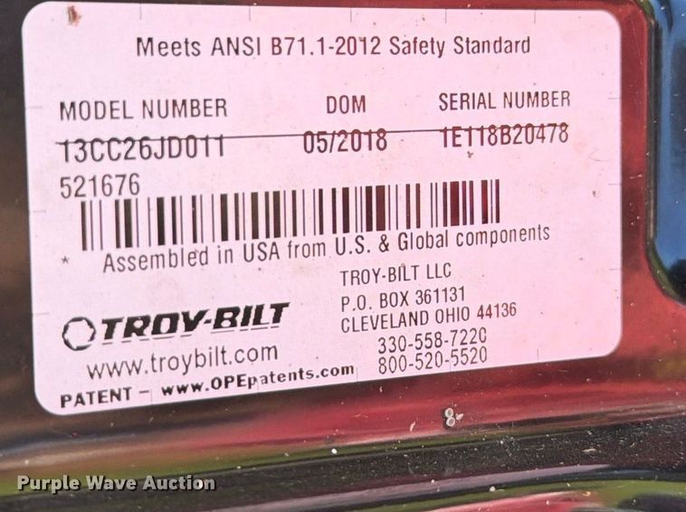 image for item EX2529 2018 Troy-Bilt 13CC26JD011 lawn mower