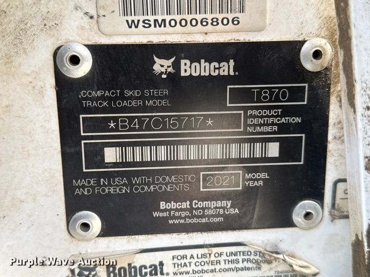 image for item NA9466 2021 Bobcat T870 tracked skid steer loader
