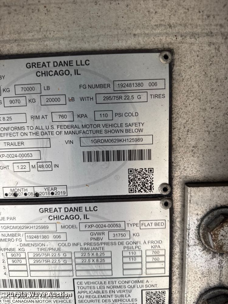 image for item DY2990 2019 Great Dane FXP-0024-00053 flatbed trailer