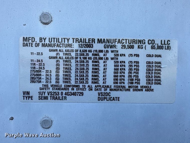 image for item EW2051 2004 Utility Trailer Manufacturer dry van trailer