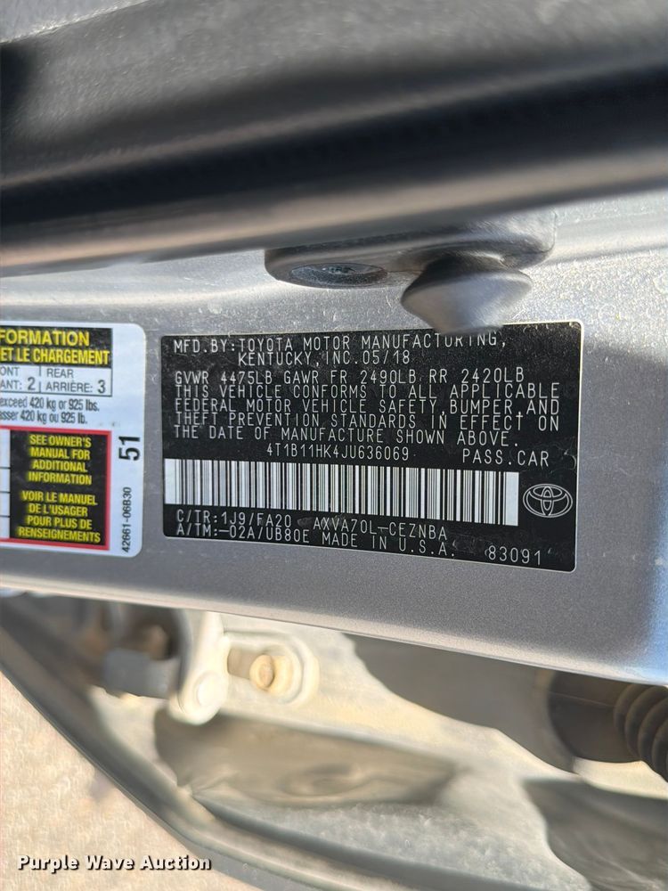 image for item EA4938 2018 Toyota Camry 