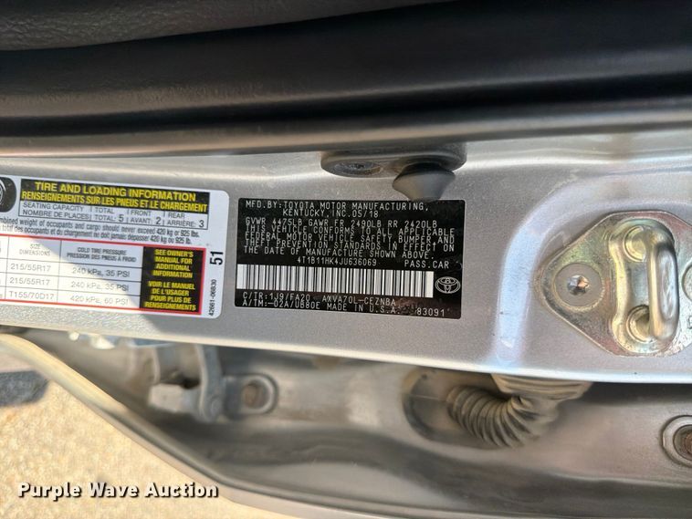image for item EA4938 2018 Toyota Camry 