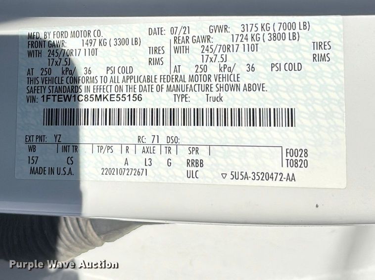image for item EL2500 2021 Ford F150 Ext. Cab pickup truck