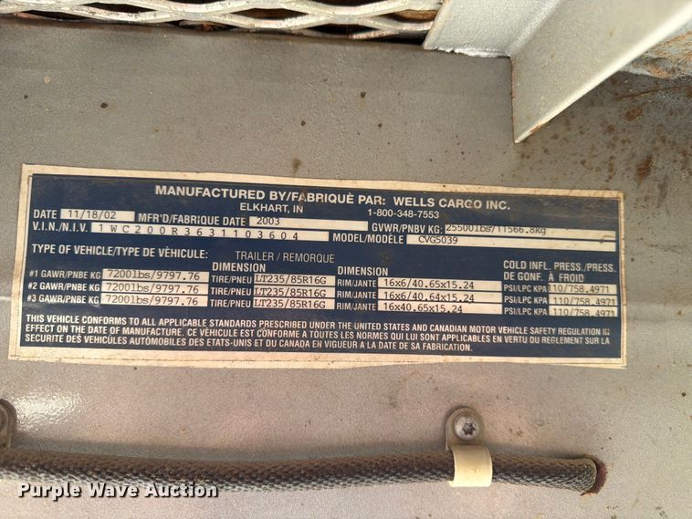 image for item FK3154 2003 Wells Cargo CVG5039 enclosed cargo trailer
