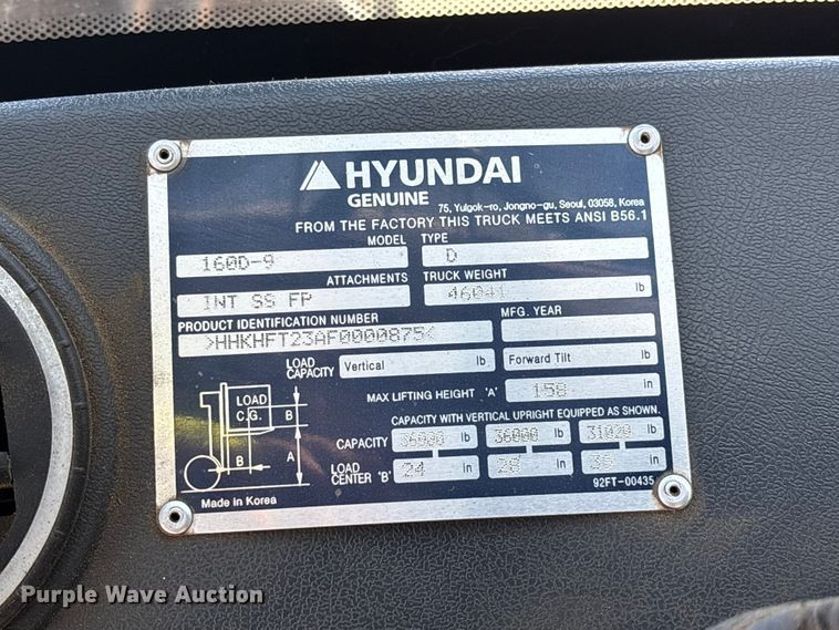 image for item YA2939 2022 Hyundai 160D-9 forklift