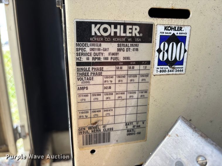 image for item YA3056 2005 Kohler  60REOZJB generator